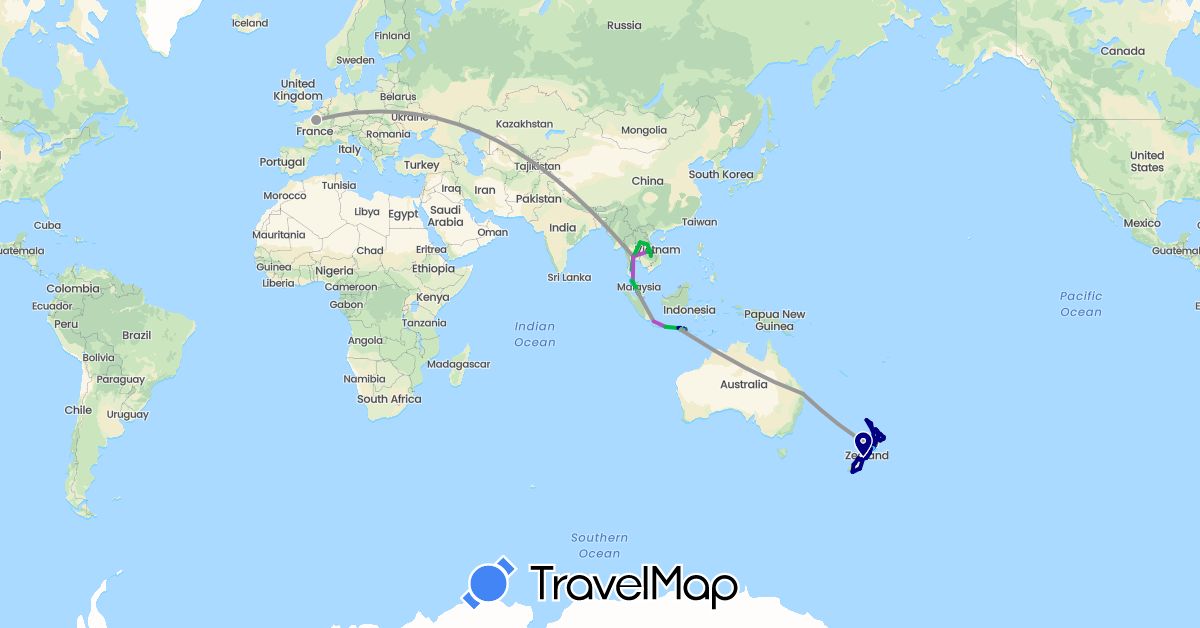 TravelMap itinerary: driving, bus, plane, train, boat, motorbike in Australia, France, Indonesia, Laos, Malaysia, New Zealand, Thailand (Asia, Europe, Oceania)